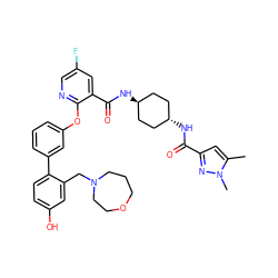 Cc1cc(C(=O)N[C@H]2CC[C@H](NC(=O)c3cc(F)cnc3Oc3cccc(-c4ccc(O)cc4CN4CCCOCC4)c3)CC2)nn1C ZINC000167316878