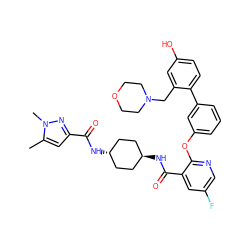 Cc1cc(C(=O)N[C@H]2CC[C@H](NC(=O)c3cc(F)cnc3Oc3cccc(-c4ccc(O)cc4CN4CCOCC4)c3)CC2)nn1C ZINC000163679137