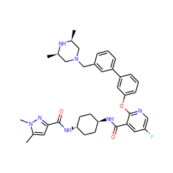 Cc1cc(C(=O)N[C@H]2CC[C@H](NC(=O)c3cc(F)cnc3Oc3cccc(-c4cccc(CN5C[C@H](C)N[C@H](C)C5)c4)c3)CC2)nn1C ZINC000163657261