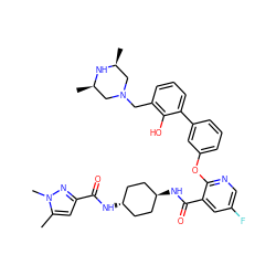 Cc1cc(C(=O)N[C@H]2CC[C@H](NC(=O)c3cc(F)cnc3Oc3cccc(-c4cccc(CN5C[C@H](C)N[C@H](C)C5)c4O)c3)CC2)nn1C ZINC000168596631