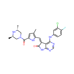 Cc1cc(C(=O)N2C[C@@H](C)N[C@H](C)C2)[nH]c1/C=C1\C(=O)Nc2ncnc(Nc3ccc(F)c(Cl)c3)c21 ZINC000013445454