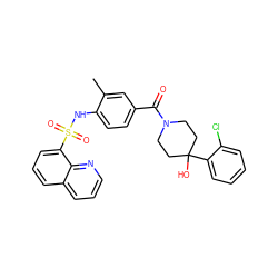 Cc1cc(C(=O)N2CCC(O)(c3ccccc3Cl)CC2)ccc1NS(=O)(=O)c1cccc2cccnc12 ZINC000220624192