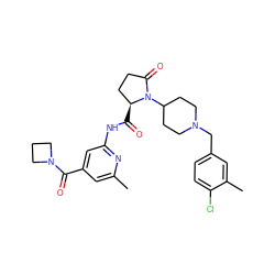 Cc1cc(C(=O)N2CCC2)cc(NC(=O)[C@H]2CCC(=O)N2C2CCN(Cc3ccc(Cl)c(C)c3)CC2)n1 ZINC000116815582