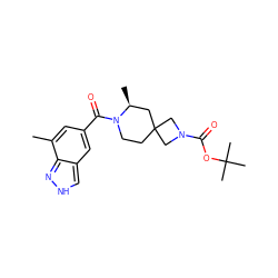 Cc1cc(C(=O)N2CCC3(C[C@@H]2C)CN(C(=O)OC(C)(C)C)C3)cc2c[nH]nc12 ZINC000473148675