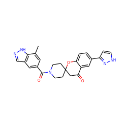 Cc1cc(C(=O)N2CCC3(CC2)CC(=O)c2cc(-c4cc[nH]n4)ccc2O3)cc2cn[nH]c12 ZINC000049068803