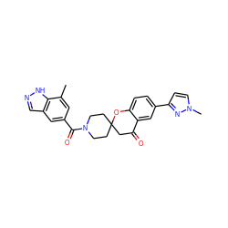 Cc1cc(C(=O)N2CCC3(CC2)CC(=O)c2cc(-c4ccn(C)n4)ccc2O3)cc2cn[nH]c12 ZINC000049114621