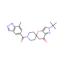 Cc1cc(C(=O)N2CCC3(CC2)CC(=O)c2nn(C(C)(C)C)cc2O3)cc2cn[nH]c12 ZINC000073314836