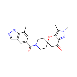 Cc1cc(C(=O)N2CCC3(CC2)CC(=O)c2nn(C)c(C)c2O3)cc2cn[nH]c12 ZINC000073296428