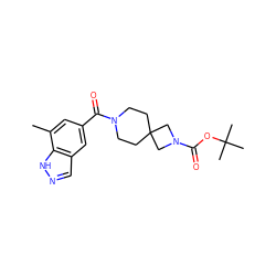 Cc1cc(C(=O)N2CCC3(CC2)CN(C(=O)OC(C)(C)C)C3)cc2cn[nH]c12 ZINC000263621261