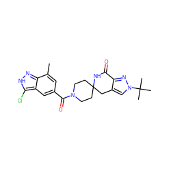 Cc1cc(C(=O)N2CCC3(CC2)Cc2cn(C(C)(C)C)nc2C(=O)N3)cc2c(Cl)[nH]nc12 ZINC000199529476