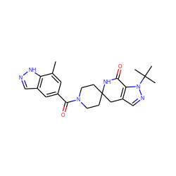 Cc1cc(C(=O)N2CCC3(CC2)Cc2cnn(C(C)(C)C)c2C(=O)N3)cc2cn[nH]c12 ZINC000167262287