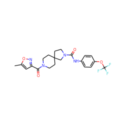 Cc1cc(C(=O)N2CCC3(CCN(C(=O)Nc4ccc(OC(F)(F)F)cc4)C3)CC2)no1 ZINC000096285146