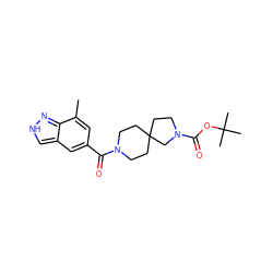 Cc1cc(C(=O)N2CCC3(CCN(C(=O)OC(C)(C)C)C3)CC2)cc2c[nH]nc12 ZINC000473153256