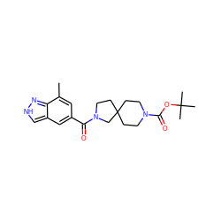 Cc1cc(C(=O)N2CCC3(CCN(C(=O)OC(C)(C)C)CC3)C2)cc2c[nH]nc12 ZINC000473151299