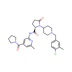 Cc1cc(C(=O)N2CCCC2)cc(NC(=O)[C@H]2CCC(=O)N2C2CCN(Cc3ccc(Cl)c(C)c3)CC2)n1 ZINC000068247088