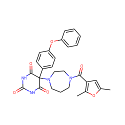 Cc1cc(C(=O)N2CCCN(C3(c4ccc(Oc5ccccc5)cc4)C(=O)NC(=O)NC3=O)CC2)c(C)o1 ZINC000072108686