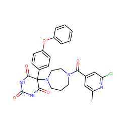 Cc1cc(C(=O)N2CCCN(C3(c4ccc(Oc5ccccc5)cc4)C(=O)NC(=O)NC3=O)CC2)cc(Cl)n1 ZINC000072107010