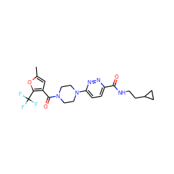 Cc1cc(C(=O)N2CCN(c3ccc(C(=O)NCCC4CC4)nn3)CC2)c(C(F)(F)F)o1 ZINC000095597390