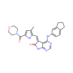 Cc1cc(C(=O)N2CCOCC2)[nH]c1/C=C1\C(=O)Nc2ncnc(Nc3ccc4c(c3)CCC4)c21 ZINC000013445469