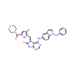 Cc1cc(C(=O)N2CCOCC2)[nH]c1/C=C1\C(=O)Nc2ncnc(Nc3ccc4c(ccn4Cc4ccccc4)c3)c21 ZINC000014944879