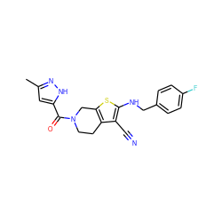 Cc1cc(C(=O)N2CCc3c(sc(NCc4ccc(F)cc4)c3C#N)C2)[nH]n1 ZINC000299857639