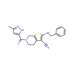 Cc1cc(C(=O)N2CCc3c(sc(NCc4ccccc4)c3C#N)C2)[nH]n1 ZINC000299863147