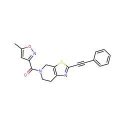 Cc1cc(C(=O)N2CCc3nc(C#Cc4ccccc4)sc3C2)no1 ZINC000096273014