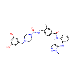 Cc1cc(C(=O)N2Cc3cnn(C)c3Nc3ccccc32)ccc1CNC(=O)N1CCN(Cc2cc(O)cc(O)c2)CC1 ZINC000077320093