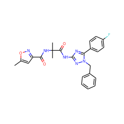 Cc1cc(C(=O)NC(C)(C)C(=O)Nc2nc(-c3ccc(F)cc3)n(Cc3ccccc3)n2)no1 ZINC000118715621