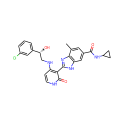 Cc1cc(C(=O)NC2CC2)cc2[nH]c(-c3c(NC[C@@H](O)c4cccc(Cl)c4)cc[nH]c3=O)nc12 ZINC000028703683