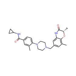 Cc1cc(C(=O)NC2CC2)ccc1N1CCN(Cc2cc(C)c3c(c2)NC(=O)[C@H](C)O3)CC1 ZINC000096274107