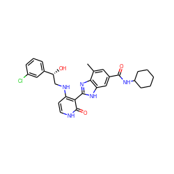 Cc1cc(C(=O)NC2CCCCC2)cc2[nH]c(-c3c(NC[C@@H](O)c4cccc(Cl)c4)cc[nH]c3=O)nc12 ZINC000028703691