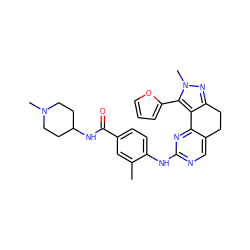 Cc1cc(C(=O)NC2CCN(C)CC2)ccc1Nc1ncc2c(n1)-c1c(nn(C)c1-c1ccco1)CC2 ZINC000169702425