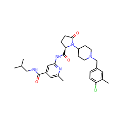 Cc1cc(C(=O)NCC(C)C)cc(NC(=O)[C@H]2CCC(=O)N2C2CCN(Cc3ccc(Cl)c(C)c3)CC2)n1 ZINC000116816239