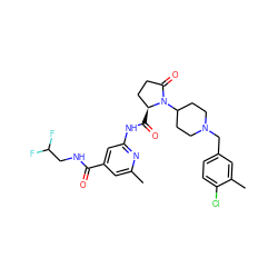 Cc1cc(C(=O)NCC(F)F)cc(NC(=O)[C@H]2CCC(=O)N2C2CCN(Cc3ccc(Cl)c(C)c3)CC2)n1 ZINC000116815534