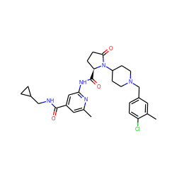 Cc1cc(C(=O)NCC2CC2)cc(NC(=O)[C@H]2CCC(=O)N2C2CCN(Cc3ccc(Cl)c(C)c3)CC2)n1 ZINC000116816278