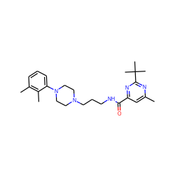 Cc1cc(C(=O)NCCCN2CCN(c3cccc(C)c3C)CC2)nc(C(C)(C)C)n1 ZINC000064512709