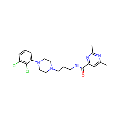 Cc1cc(C(=O)NCCCN2CCN(c3cccc(Cl)c3Cl)CC2)nc(C)n1 ZINC000064528495