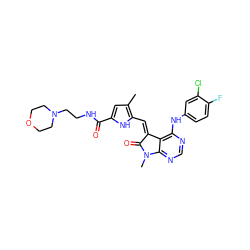 Cc1cc(C(=O)NCCN2CCOCC2)[nH]c1/C=C1\C(=O)N(C)c2ncnc(Nc3ccc(F)c(Cl)c3)c21 ZINC000014944872