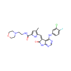 Cc1cc(C(=O)NCCN2CCOCC2)[nH]c1/C=C1\C(=O)Nc2ncnc(Nc3ccc(F)c(Cl)c3)c21 ZINC000026268853