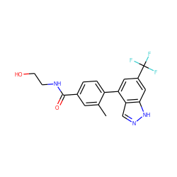 Cc1cc(C(=O)NCCO)ccc1-c1cc(C(F)(F)F)cc2[nH]ncc12 ZINC000222321549