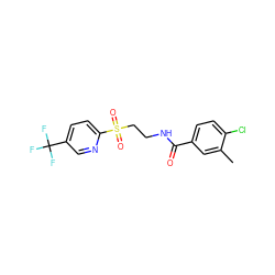 Cc1cc(C(=O)NCCS(=O)(=O)c2ccc(C(F)(F)F)cn2)ccc1Cl ZINC000045393353