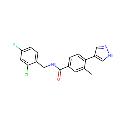 Cc1cc(C(=O)NCc2ccc(F)cc2Cl)ccc1-c1cn[nH]c1 ZINC001772623250