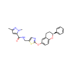 Cc1cc(C(=O)NCc2cnc(Oc3ccc4c(c3)CC[C@@H](c3ccccc3)O4)s2)n(C)n1 ZINC000169710522