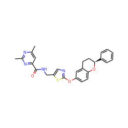 Cc1cc(C(=O)NCc2cnc(Oc3ccc4c(c3)CC[C@@H](c3ccccc3)O4)s2)nc(C)n1 ZINC000169710567