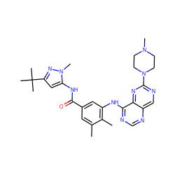Cc1cc(C(=O)Nc2cc(C(C)(C)C)nn2C)cc(Nc2ncnc3cnc(N4CCN(C)CC4)nc23)c1C ZINC000148266865