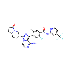 Cc1cc(C(=O)Nc2cc(C(F)(F)F)ccn2)c(F)cc1-c1nc([C@@H]2CC[C@H]3CCC(=O)N3C2)n2ccnc(N)c12 ZINC000145495567