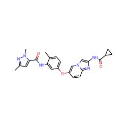 Cc1cc(C(=O)Nc2cc(Oc3ccc4nc(NC(=O)C5CC5)cn4c3)ccc2C)n(C)n1 ZINC000096916318