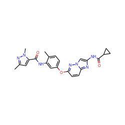 Cc1cc(C(=O)Nc2cc(Oc3ccc4nc(NC(=O)C5CC5)cn4n3)ccc2C)n(C)n1 ZINC000095579919