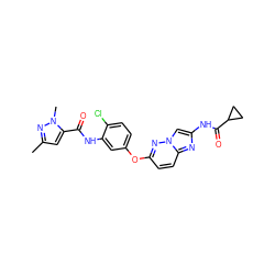 Cc1cc(C(=O)Nc2cc(Oc3ccc4nc(NC(=O)C5CC5)cn4n3)ccc2Cl)n(C)n1 ZINC000095604453